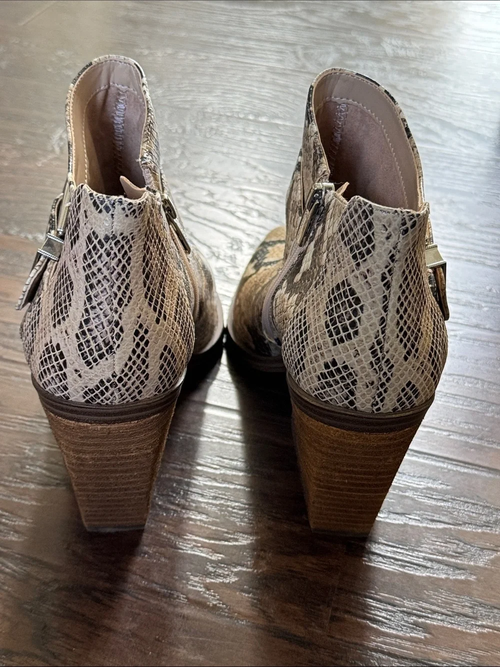Vince Camuto Snake-Print Pointed Ankle Boots in Beige and Black